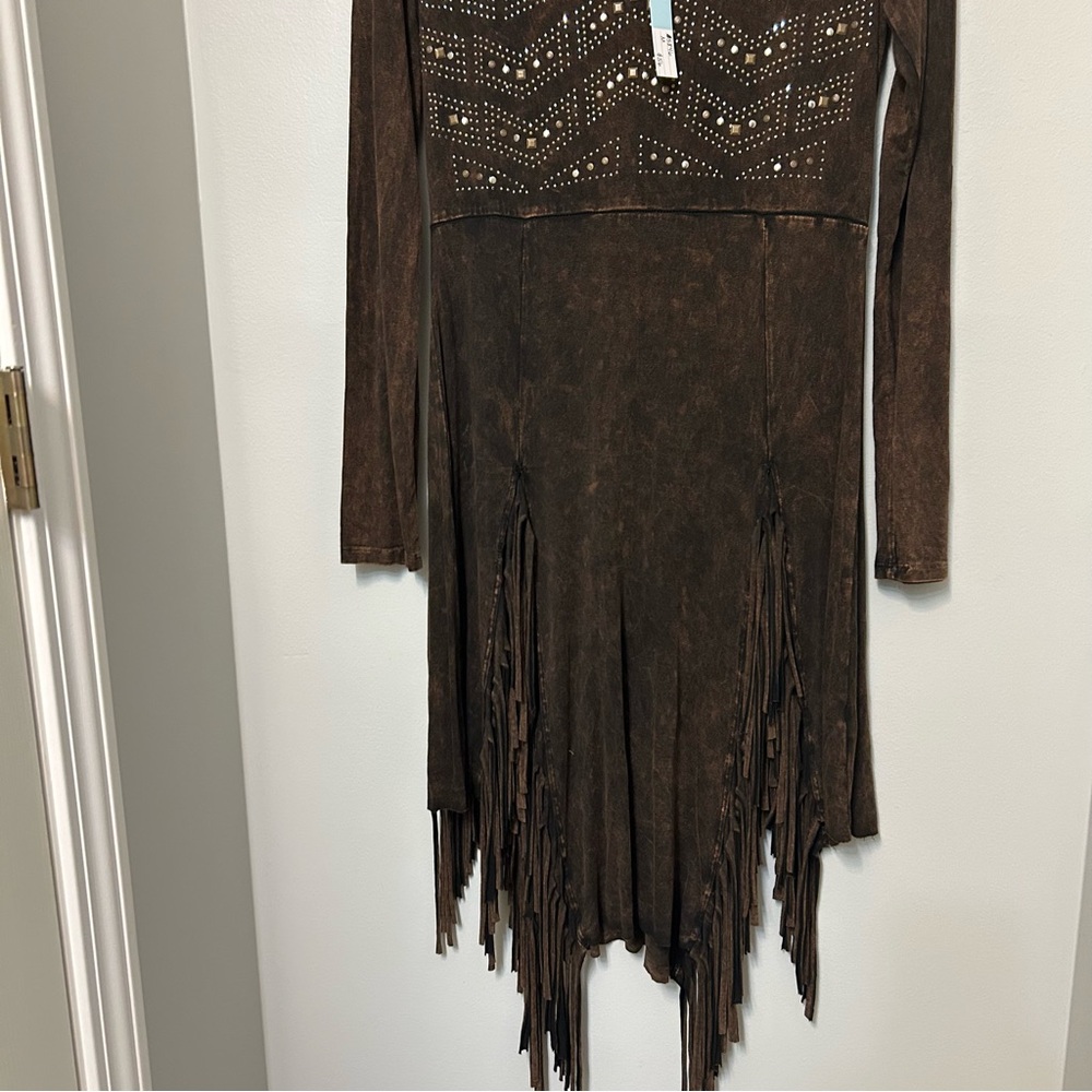 T Party Beaded Embroidered Fringe Mini Dress Mineral Wash Womens M Western Rodeo - Picture 2 of 16